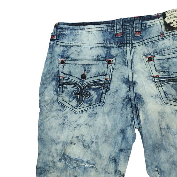 Heavily TRASHED Rock Revival Shorts Men’s 42 Tie Dye Acid Wash Light Denim READ - Picture 9 of 16